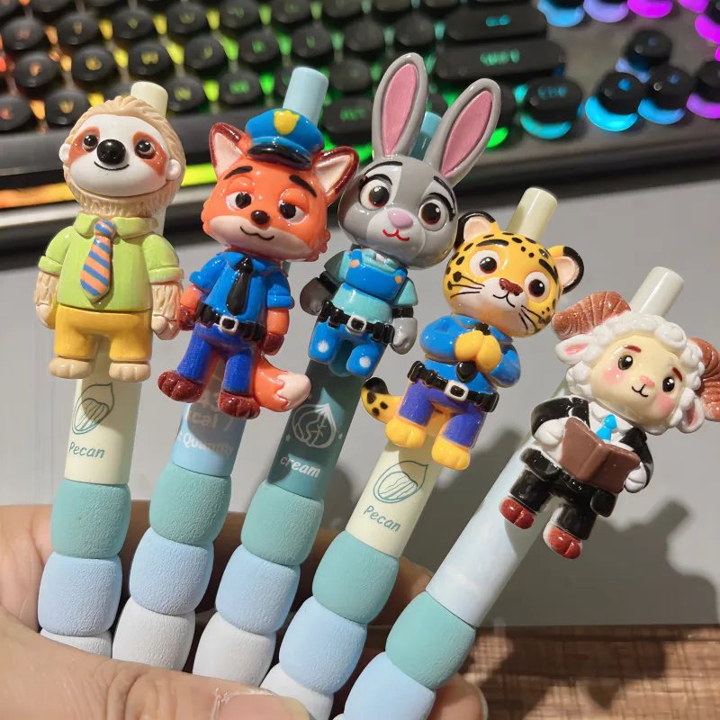 Cute Animal Figure Retractable Gel Pens – 6-Pack Kawaii Character Click Pens with Rabbit Police, Fox & Leopard Toppers, Smooth 0.5mm Black Ink Pens for Students, School & Office